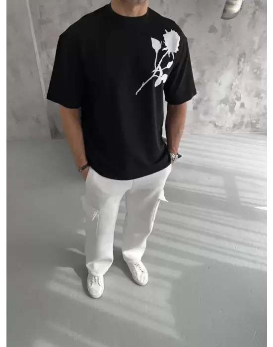 Unisex Bisiklet Yaka Baskılı Oversize T-Shirt - Siyah