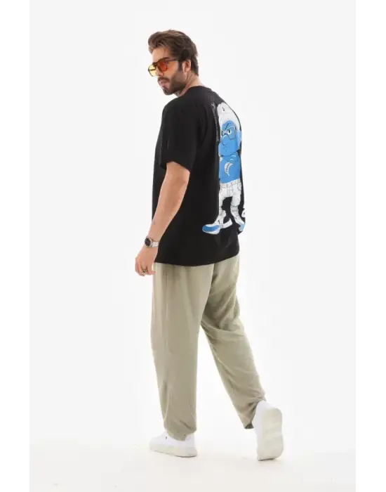 Unisex Bisiklet Yaka Baskılı Oversize T-Shirt - Siyah