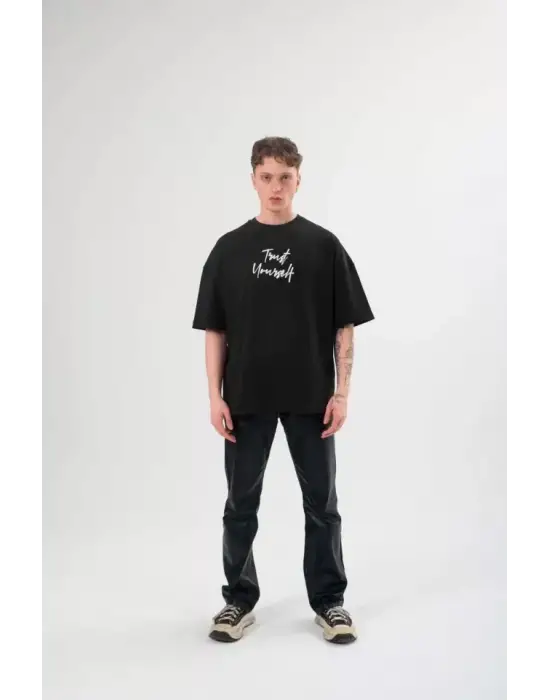 Unisex Bisiklet Yaka Baskılı Oversize T-Shirt - Siyah