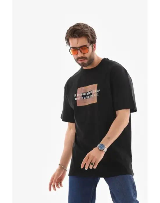 Unisex Bisiklet Yaka Baskılı Oversize T-Shirt - Siyah