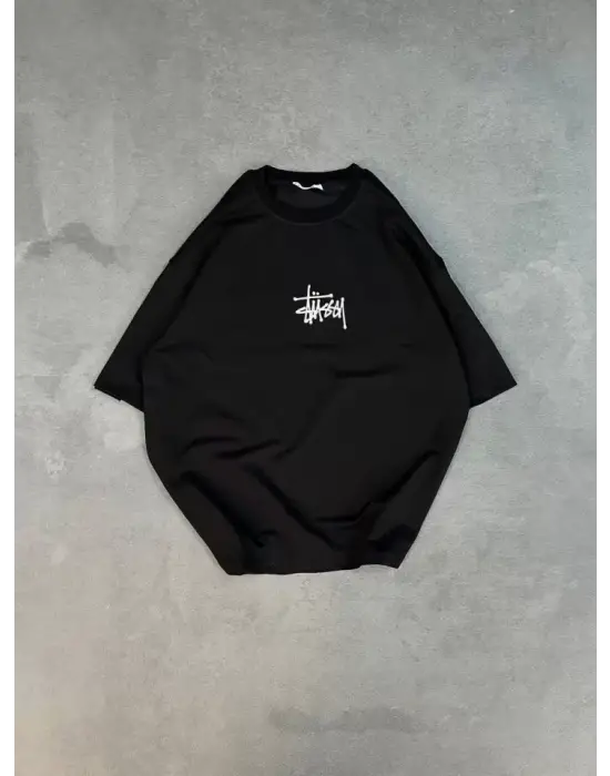 Unisex Bisiklet Yaka Baskılı Oversize T-Shirt - Siyah