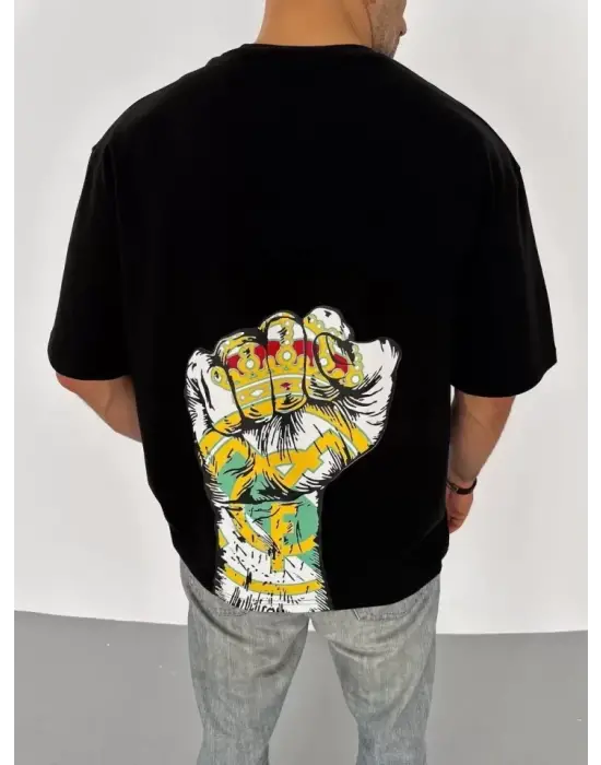 Unisex Bisiklet Yaka Baskılı Oversize T-Shirt - Siyah