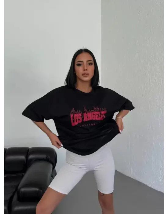 Unisex Bisiklet Yaka Baskılı Oversize T-Shirt - Siyah