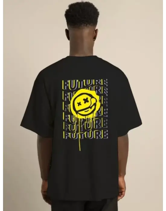 Unisex Bisiklet Yaka Baskılı Oversize T-Shirt - Siyah