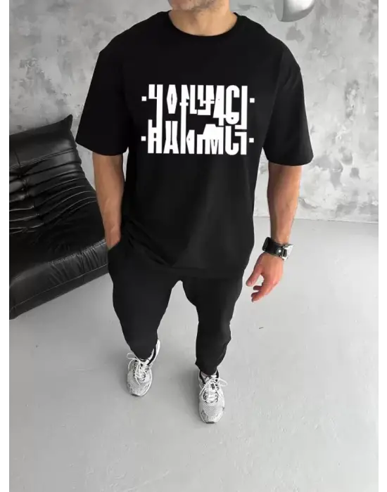 Unisex Bisiklet Yaka Katlanan Baskılı T-Shirt - Siyah