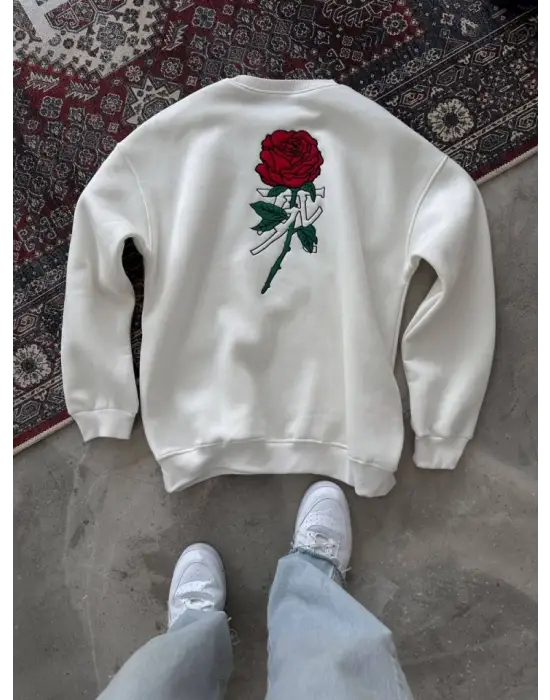 Unisex Bisiklet Yaka Ön Ve Arka Baskılı SweatShirt - Beyaz