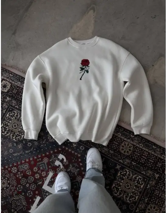 Unisex Bisiklet Yaka Ön Ve Arka Baskılı SweatShirt - Beyaz