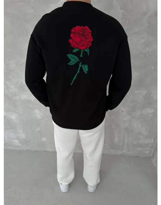 Unisex Bisiklet Yaka Ön Ve Arka Baskılı SweatShirt - Siyah