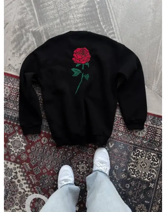 Unisex Bisiklet Yaka Ön Ve Arka Baskılı SweatShirt - Siyah