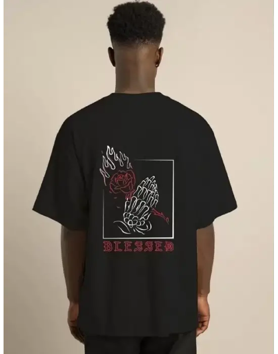 Unisex Bisiklet Yaka Oversize Baskılı T-Shirt - Siyah