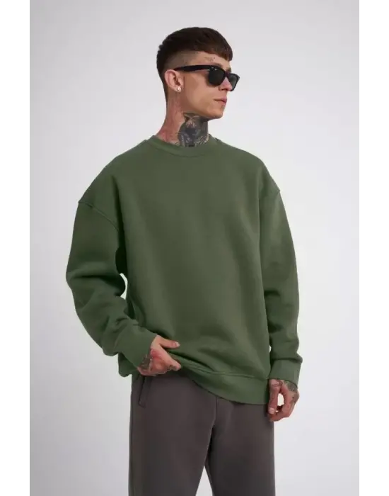 Unisex Biskilet Yaka Üç İplik SweatShirt - Haki