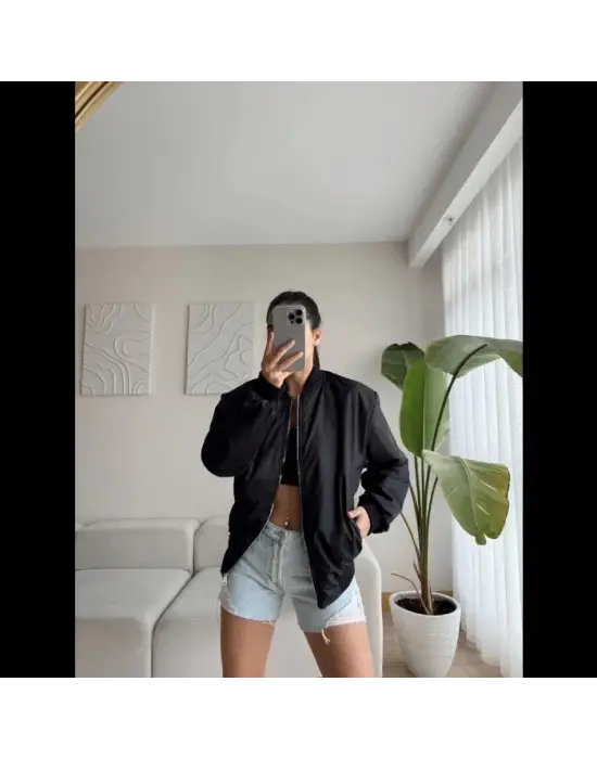 Unisex İçi Astarlı Düz Bomber Ceket - Siyah