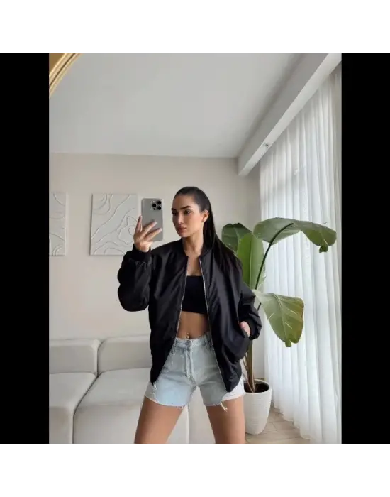 Unisex İçi Astarlı Düz Bomber Ceket - Siyah