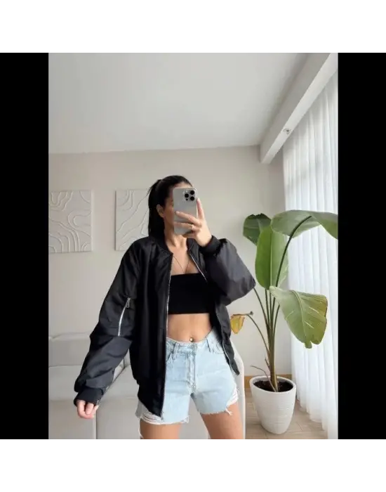 Unisex İçi Astarlı Düz Bomber Ceket - Siyah