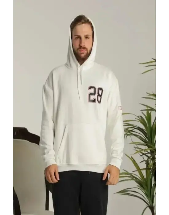 Unisex Kapşonlu Baskılı Sweetshirt - Beyaz