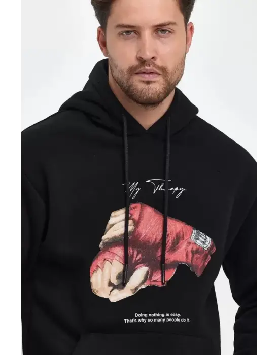 Unisex Kapüşonlu Üç İplik Oversize Baskılı Sweatshirt - Siyah