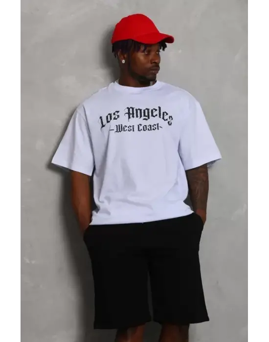 Unisex Oversize Baskılı Bisiklet Yaka T-Shirt - Beyaz