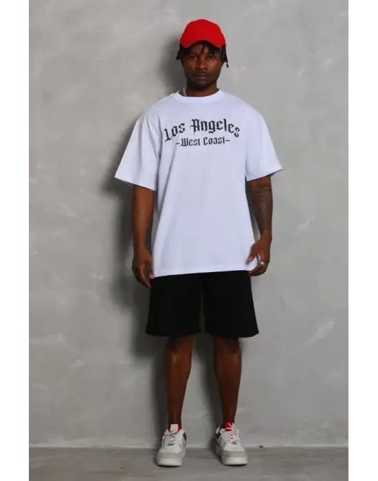 Unisex Oversize Baskılı Bisiklet Yaka T-Shirt - Beyaz