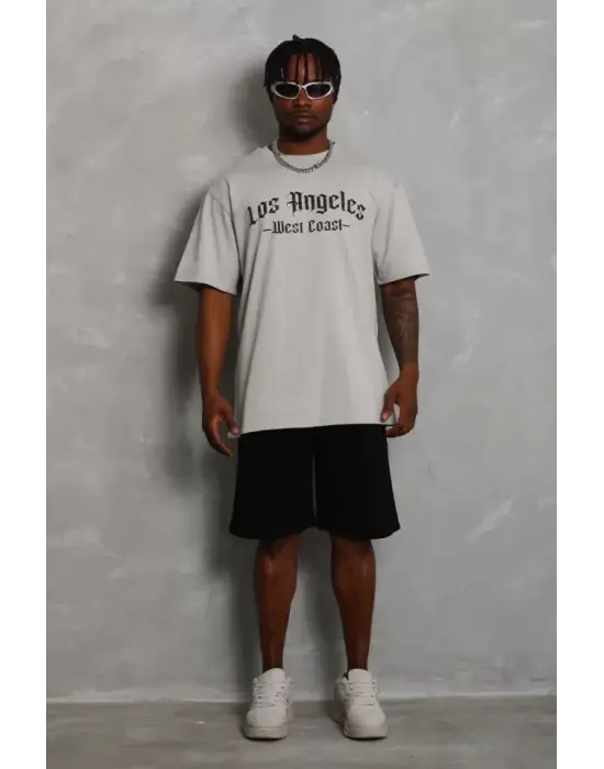Unisex Oversize Baskılı Bisiklet Yaka T-Shirt - Gri