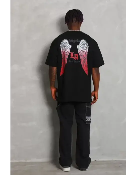 Unisex Oversize Baskılı Bisiklet Yaka T-Shirt - Siyah