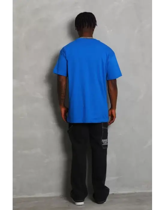 Unisex Oversize Düz Bisiklet Yaka T-Shirt - Mavi