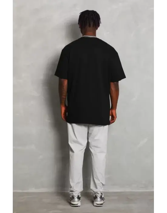 Unisex Oversize Düz Bisiklet Yaka T-Shirt - Siyah
