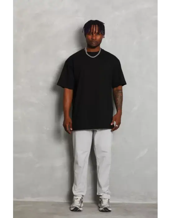 Unisex Oversize Düz Bisiklet Yaka T-Shirt - Siyah