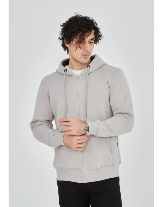 Unisex Tam Fermuarlı Kapşonlu  SweatShirt - Boyalı Gri