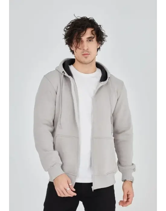 Unisex Tam Fermuarlı Kapşonlu  SweatShirt - Boyalı Gri