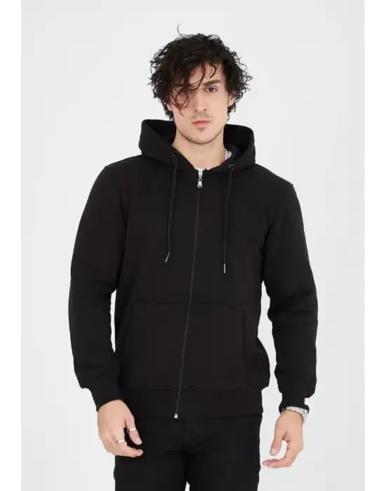 Unisex Tam Fermuarlı Kapşonlu  SweatShirt - Siyah