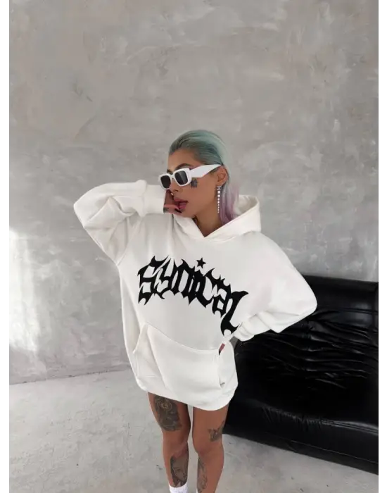 Unisex Üç İplik Kapşonlu Baskılı SweatShirt - Beyaz