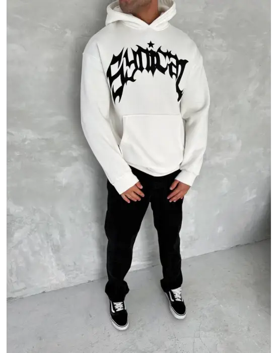Unisex Üç İplik Kapşonlu Baskılı SweatShirt - Beyaz