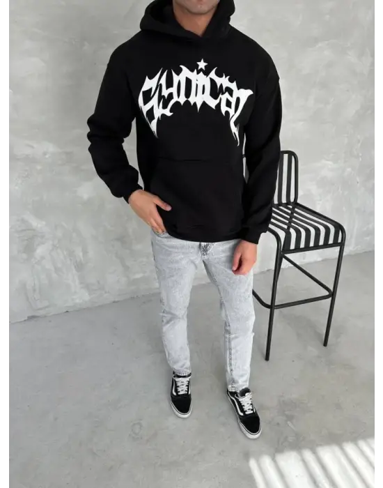 Unisex Üç İplik Kapşonlu Baskılı SweatShirt - Siyah