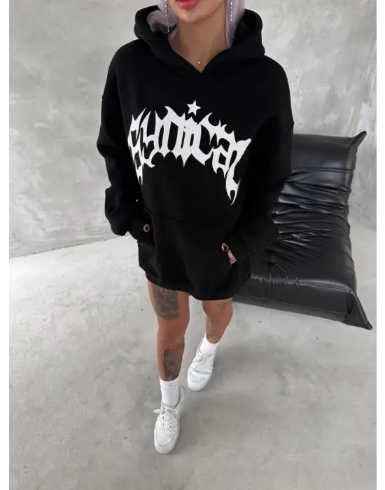 Unisex Üç İplik Kapşonlu Baskılı SweatShirt - Siyah