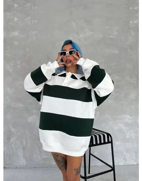 Unisex Üç İplik Parçalı Yakalı SweatShirt - Yeşil