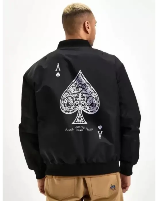 Unisex Uzun Kol Baskılı Bomber Ceket - Siyah