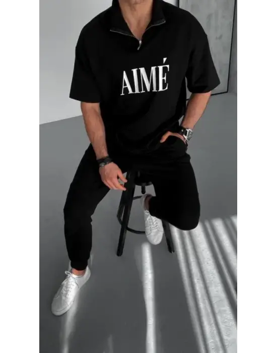 Unisex Yarım Fermuarlı Baskılı T-Shirt - Siyah