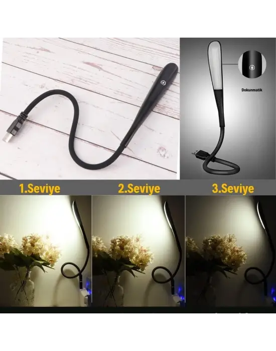 USB Girişli 14 Ledli 3 Kademeli Dokunmatik Masa/Kitap Okuma Lambası Ledi Siyah