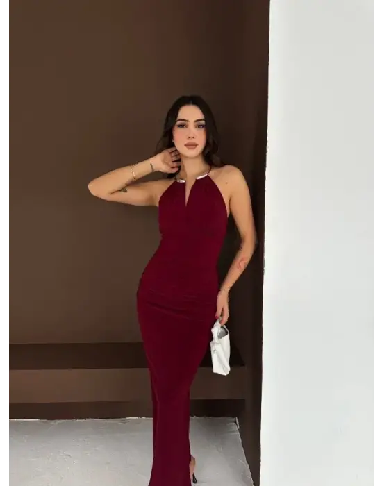 Uzun Abiye Elbise Yırtmaçlı Sırt Dekolteli Şık Gece Elbisesi - Bordo