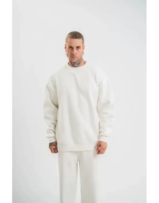 Uzun Kol Bisiklet Yaka Basic SweatShirt - Beyaz