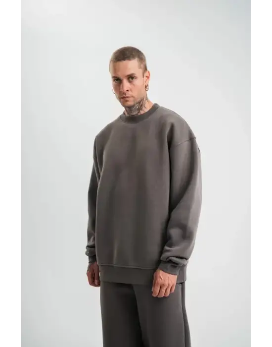 Uzun Kol Bisiklet Yaka Basic SweatShirt - Füme