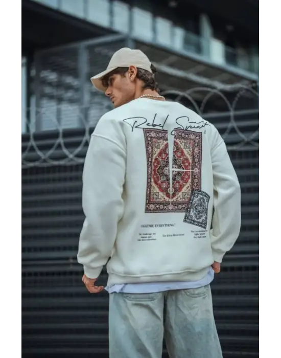 Uzun Kol Bisiklet Yaka Baskılı SweatShirt - Beyaz