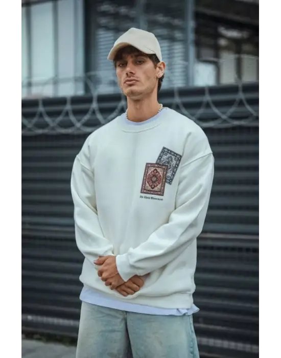 Uzun Kol Bisiklet Yaka Baskılı SweatShirt - Beyaz