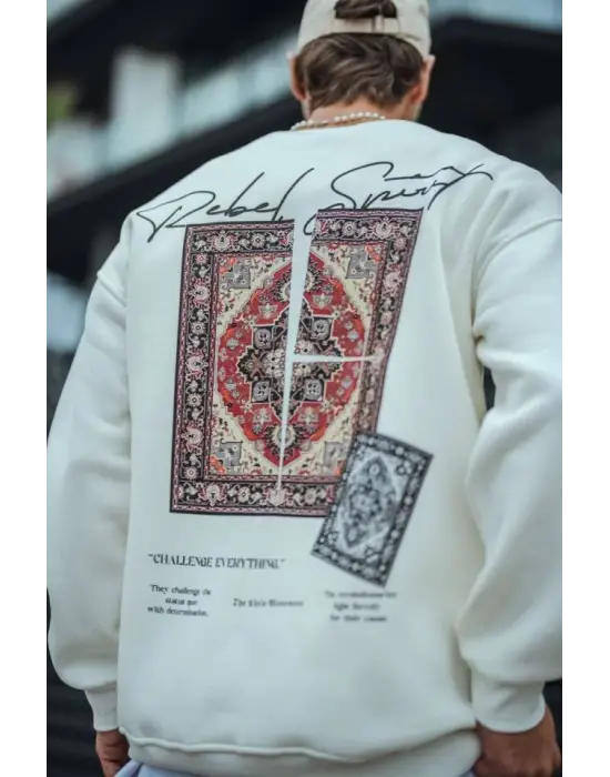 Uzun Kol Bisiklet Yaka Baskılı SweatShirt - Beyaz