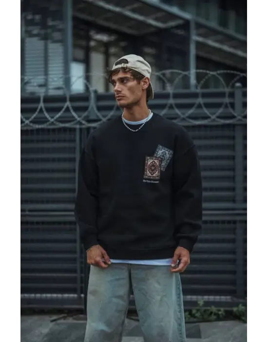 Uzun Kol Bisiklet Yaka Baskılı SweatShirt - Siyah