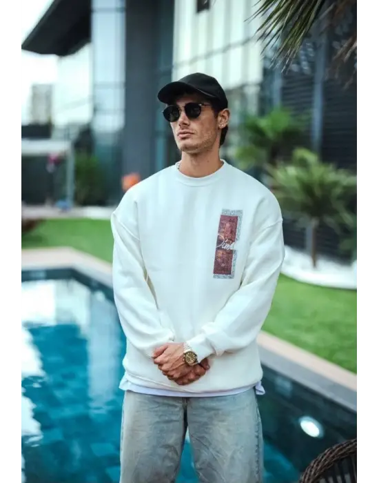 Uzun Kol Bisiklet Yaka Ön Ve Arka Baskılı SweatShirt - Beyaz