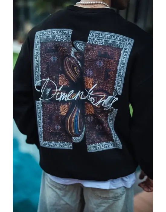 Uzun Kol Bisiklet Yaka Ön Ve Arka Baskılı SweatShirt - Siyah