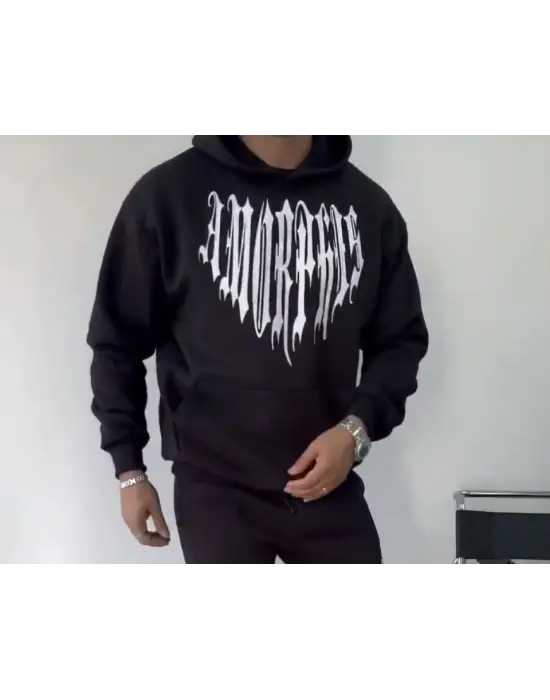 Uzun Kol Kapşonlu Baskılı SweatShirt - Siyah