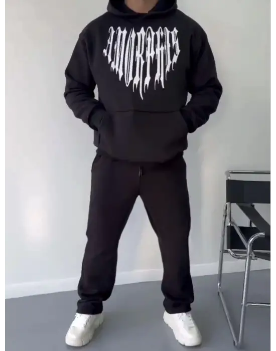 Uzun Kol Kapşonlu Baskılı SweatShirt - Siyah