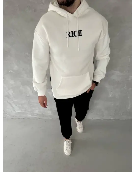 Uzun Kol Kapşonlu Göğüs Baskılı SweatShirt - Beyaz
